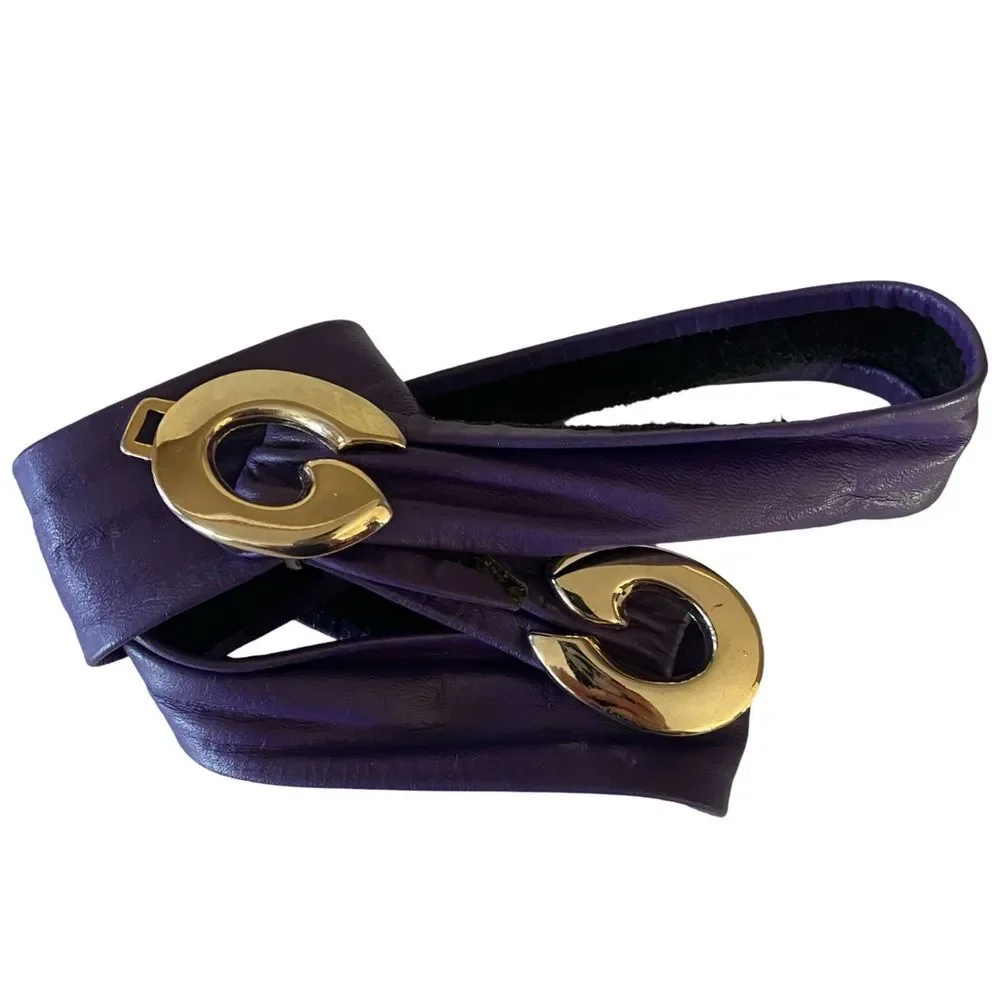 Vintage Purple Leather Belt With Golden Clasp